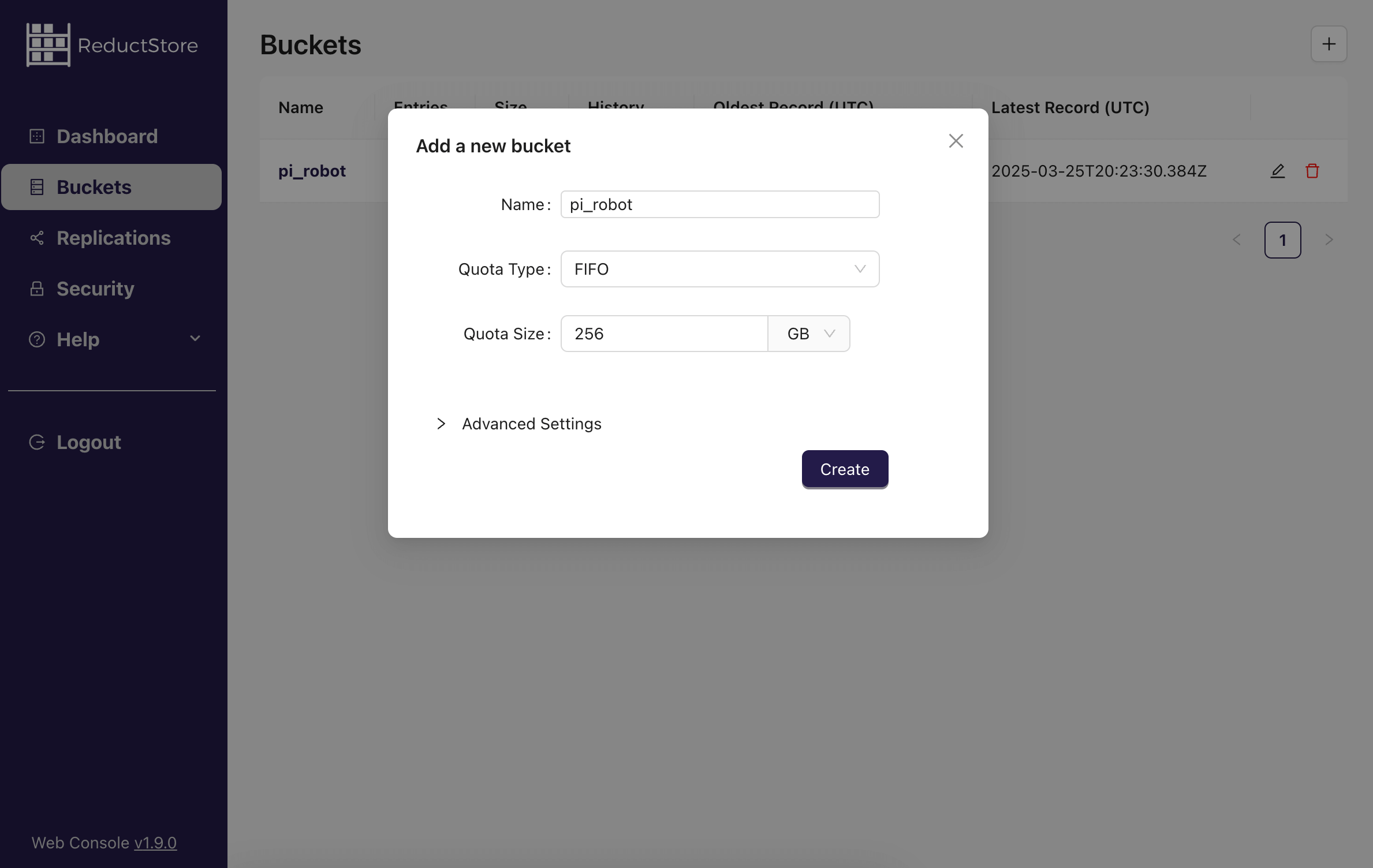 ReductStore Web Console Bucket