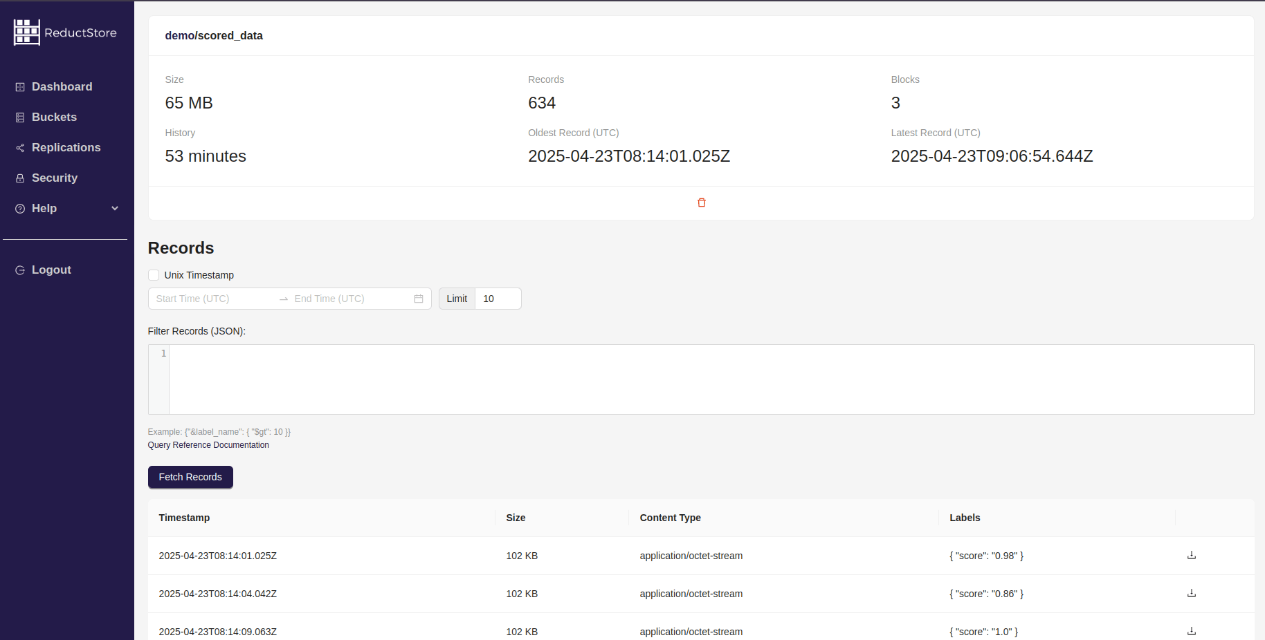 Replicated Data in ReductStore Web Console
