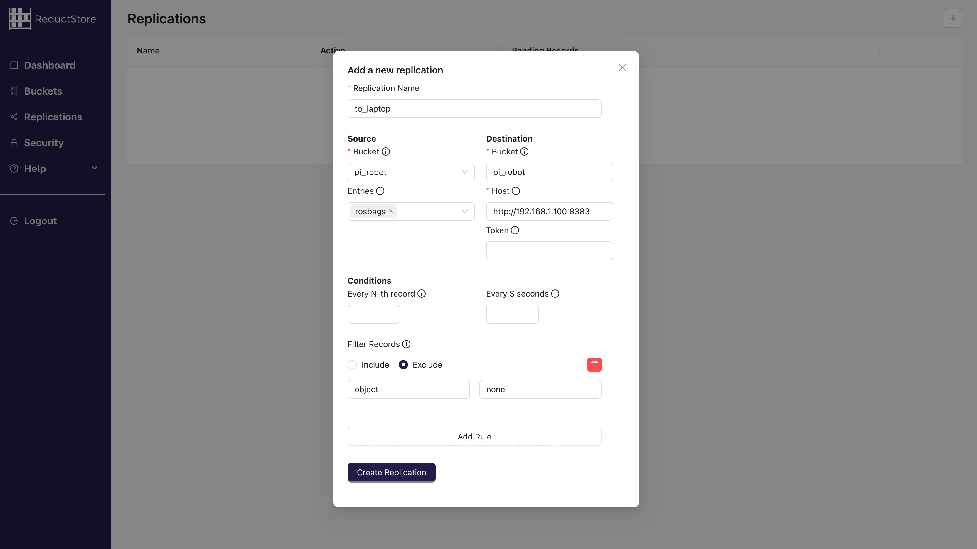 ReductStore Web Console Replication
